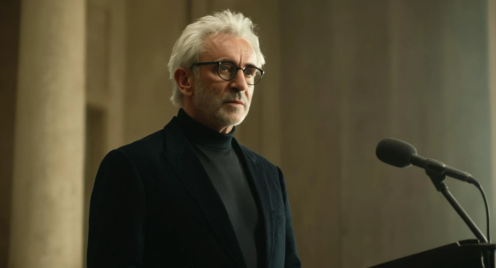 cinematic film still of  <lora:James Bond 007 style:0.9> detailed sharp image of
Elliot Carver Jonathan Pryce a man standing at a podium with a microphone,solo,looking at viewer,shirt,1boy,white hair,male focus,glasses,blurry,black shirt,old,old man , dramatic light, dramatic shadow light, contrast, cinematic color, cinematic look, filmic, realistic, realism, perfection, perfect, Kodak, Kodak film, movie still, spy film, action themed, espionage, James Bond style, James Bond film style, 007 style, 007 film style, shallow depth of field, vignette, highly detailed, high budget, bokeh, cinemascope, moody, epic, gorgeous, film grain, grainy