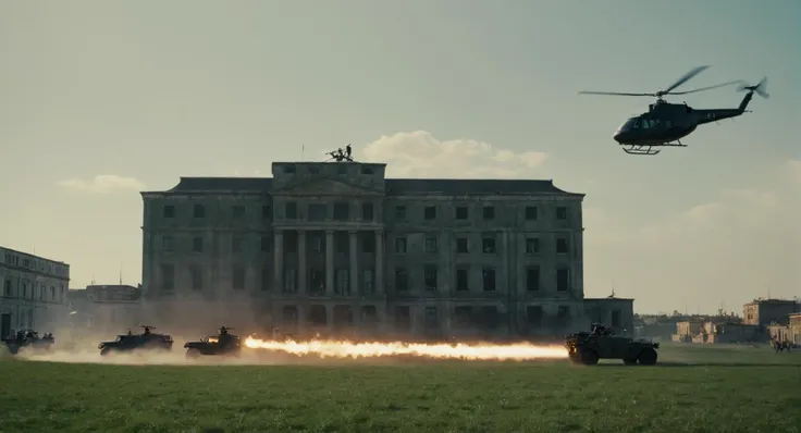 cinematic film still of <lora:James Bond 007 style:0.9> detailed sharp image of
a helicopter flying over a field with a building in the background,weapon,outdoors,multiple boys,sky,cloud,signature,military,fire,ground vehicle,scenery,motor vehicle,smoke,aircraft,military vehicle,war , dramatic light, dramatic shadow light, contrast, cinematic color, cinematic look, filmic, realistic, realism, perfection, perfect, Kodak, Kodak film, still, spy film, action themed, espionage, James Bond style, James Bond film style, 007 style, 007 film style, shallow depth of field, vignette, highly detailed, high budget, bokeh, cinemascope, moody, epic, gorgeous, film grain, grainy