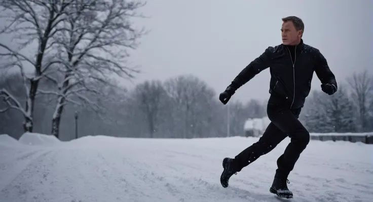 cinematic film still of <lora:James Bond 007 style:0.9> detailed sharp image of
a man in a black jacket is running in the snow,solo,short hair,gloves,1boy,holding,jacket,weapon,male focus,boots,outdoors,black gloves,pants,holding weapon,gun,ground vehicle,holding gun,motor vehicle,snow,handgun,snowing,realistic,car , dramatic light, dramatic shadow light, contrast, cinematic color, cinematic look, filmic, realistic, realism, perfection, perfect, Kodak, Kodak film, still, spy film, action themed, espionage, James Bond style, James Bond film style, 007 style, 007 film style, shallow depth of field, vignette, highly detailed, high budget, bokeh, cinemascope, moody, epic, gorgeous, film grain, grainy