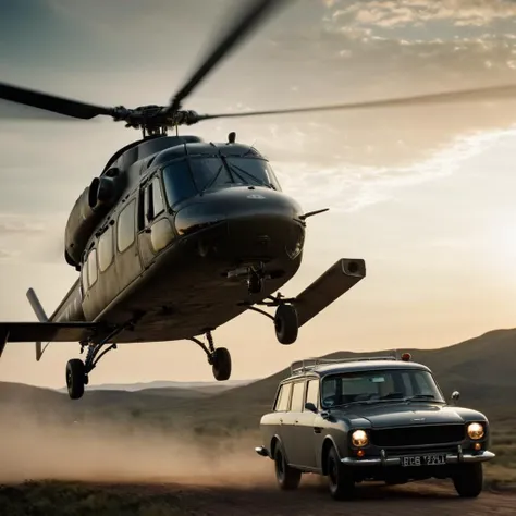 cinematic film still of <lora:James Bond 007 style:0.9> detailed sharp image of
a helicopter is flying over a truck,outdoors,sky,military,no humans,science fiction,realistic,aircraft,military vehicle,airplane,vehicle focus , dramatic light, dramatic shadow light, contrast, cinematic color, cinematic look, filmic, realistic, realism, perfection, perfect, Kodak, Kodak film, still, spy film, action themed, espionage, James Bond style, James Bond film style, 007 style, 007 film style, shallow depth of field, vignette, highly detailed, high budget, bokeh, cinemascope, moody, epic, gorgeous, film grain, grainy