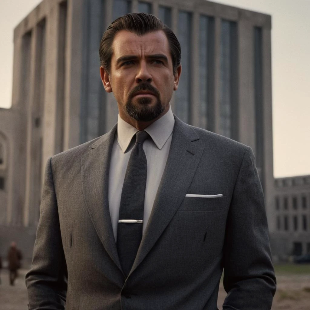 cinematic film still of <lora:James Bond 007 style:0.9> detailed sharp image of
Hugo Drax Michael Lonsdale a man in a grey suit standing in front of a building,solo,looking at viewer,black hair,1boy,male focus,facial hair,arms behind back,letterboxed,beard,realistic,mustache , dramatic light, dramatic shadow light, contrast, cinematic color, cinematic look, filmic, realistic, realism, perfection, perfect, Kodak, Kodak film, movie still, spy film, action themed, espionage, James Bond style, James Bond film style, 007 style, 007 film style, shallow depth of field, vignette, highly detailed, high budget, bokeh, cinemascope, moody, epic, gorgeous, film grain, grainy