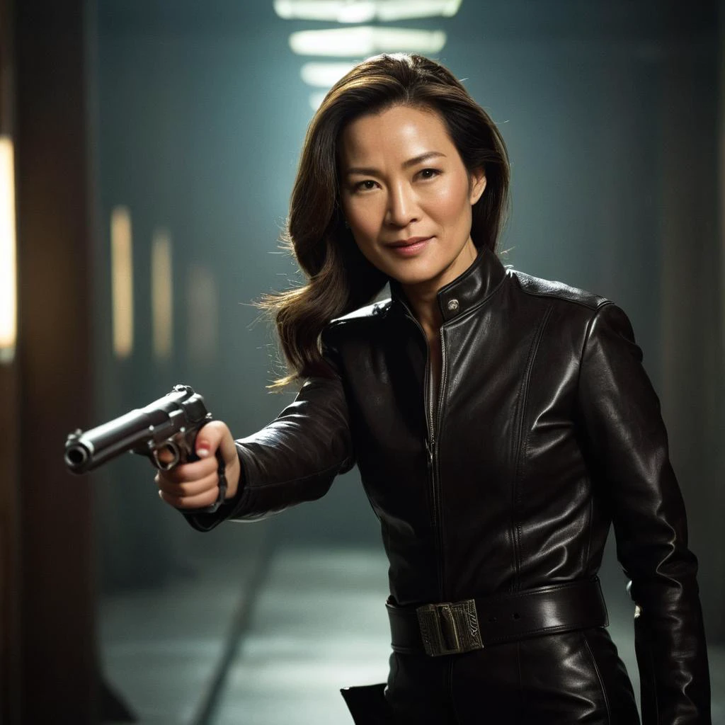 cinematic film still of <lora:James Bond 007 style:0.9> detailed sharp image of
Wai Lin Michelle Yeoh a Chinese woman in a leather jacket holding a gun,1girl,solo,smile,brown hair,black hair,jewelry,weapon,belt,hand on hip,gun,ring,handgun,realistic,trigger discipline , dramatic light, dramatic shadow light, contrast, cinematic color, cinematic look, filmic, realistic, realism, perfection, perfect, Kodak, Kodak film, movie still, spy film, action themed, espionage, James Bond style, James Bond film style, 007 style, 007 film style, shallow depth of field, vignette, highly detailed, high budget, bokeh, cinemascope, moody, epic, gorgeous, film grain, grainy