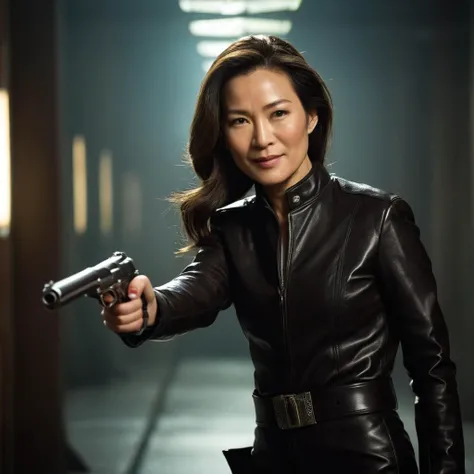 cinematic film still of  <lora:James Bond 007 style:0.9> detailed sharp image of
Wai Lin Michelle Yeoh a Chinese woman in a leather jacket holding a gun,1girl,solo,smile,brown hair,black hair,jewelry,weapon,belt,hand on hip,gun,ring,handgun,realistic,trigger discipline , dramatic light, dramatic shadow light, contrast, cinematic color, cinematic look, filmic, realistic, realism, perfection, perfect, Kodak, Kodak film, movie still, spy film, action themed, espionage, James Bond style, James Bond film style, 007 style, 007 film style, shallow depth of field, vignette, highly detailed, high budget, bokeh, cinemascope, moody, epic, gorgeous, film grain, grainy