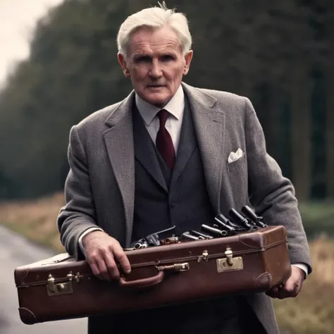 cinematic film still of  <lora:James Bond 007 style:0.9> detailed sharp image of
Desmond Llewelyn Welsh Q old2 a man in a suit and tie is holding a suitcase full of weapons,solo,looking at viewer,007 film style, shallow depth of field, vignette, highly detailed, high budget, bokeh, cinemascope, moody, epic, gorgeous, film grain, grainy