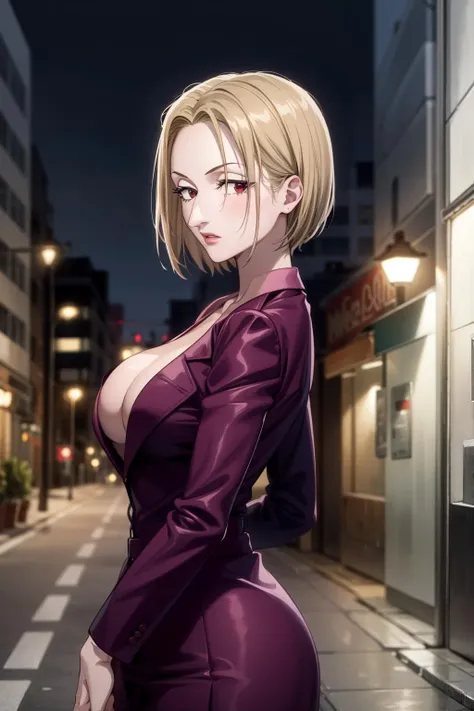 1girl, (masterpiece:1.4), (high resolution), (8K), (extremely detailed), (4k), (pixiv), perfect face, nice eyes and face, (best quality), (super detailed), detailed face and eyes, (solo), textured skin, absurdres, highres, <lora:pakunoda-09:0.7>, pakuwz, blonde hair, red eyes, cleavage, short hair, formal, purple jacket, high heels, no bra, purple skirt suit, large breasts, outdoors, city, street, night, looking back, standing, <lora:more_details:0.4>