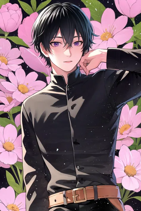 cinerite, 1boy, solo, male focus, flower, leaf, black hair, short hair, purple flower, shirt <lora:cinerite-000016:1>