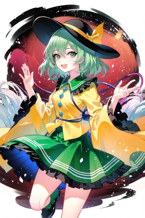 cinerite, 1girl, komeiji koishi, solo, hat, third eye, open mouth, skirt, traditional media, green eyes, ribbon, smile, shirt, hat ribbon, green skirt, yellow shirt, long sleeves, looking at viewer, black footwear, boots, wide sleeves, frills, black headwear, blouse <lora:cinerite:1>