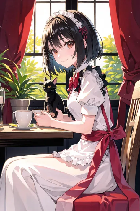 cinerite, watercolor \(medium\), <lora:cinerite-000016:1>  1girl, animal, animal on shoulder, apron, black cat, blurry, bob cut, bow, brown eyes, brown hair, cat, cat on shoulder, cat teaser, chair, closed mouth, depth of field, dress, flower, from side, hair bow, hairband, hanging plant, herb bundle, indoors, looking at viewer, looking to the side, machinery, pink apron, plant, potted plant, puffy short sleeves, puffy sleeves, red bow, short hair, short sleeves, smile, swept bangs, table, tablecloth, white dress, window, kiki \(majo no takkyuubin\),