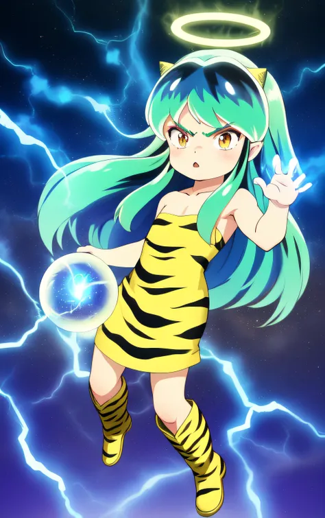 AS-YoungerV2,lum,Blue Lightning,Electricity,Lightning,Magic,Bilibili,Hitodama,Energy Ball,Energy,Glow,Purple Flame,Halo,Fire,1Girl,Magic Circle,Long Hair,Holographic Interface,Blond Hair,Golden Hair,Extended Hand,Solo,Anger,Animal print,tiger print,boots,setsu bun,brown eyes,children,Dress,