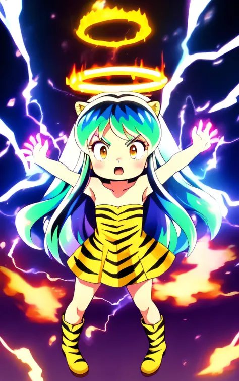 AS-YoungerV2,lum,Blue Lightning,Electricity,Lightning,Magic,Bilibili,Hitodama,Energy Ball,Energy,Glow,Purple Flame,Halo,Fire,1Girl,Magic Circle,Long Hair,Holographic Interface,Blond Hair,Golden Hair,Extended Hand,Solo,Anger,Animal print,tiger print,boots,setsu bun,brown eyes,children,Dress,