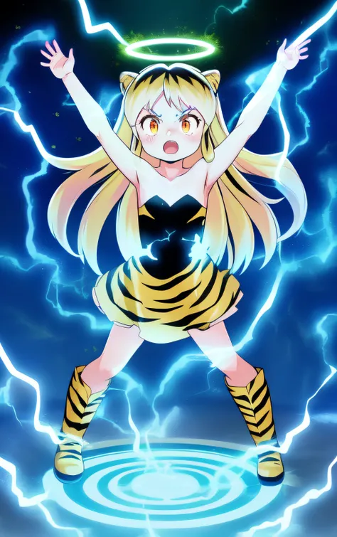 AS-YoungerV2,lum,Blue Lightning,Electricity,Lightning,Magic,Bilibili,Hitodama,Energy Ball,Energy,Glow,Purple Flame,Halo,Fire,1Girl,Magic Circle,Long Hair,Holographic Interface,Blond Hair,Golden Hair,Extended Hand,Solo,Anger,Animal print,tiger print,boots,setsu bun,brown eyes,children,Dress,Facing the audience,