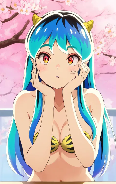 masterpiece,best quality,1girl,Lum,solo,natural skin texture,realistic eye and face details,parted lips,sun,cherry blossoms,many flowers,around,solo,standing,upper body,see-through,pink style,depth of field,Aqua blue hair,horn,long_hair,multicolored_hair,1girl,School uniform,lum, 1girl, tiger_print, horns, animal_print, hands_on_own_face, hands_on_own_cheeks, solo, long_hair, oni_horns, head_rest, bikini, swimsuit, oni, strapless_bikini, cleavage, hand_on_own_face, hand_on_own_cheek, breasts