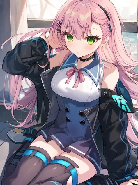 (extreme detailed),(masterpeace),(hyper extreme),best quality,CG,game cg,beautiful lighting,perfect nipples,(colour),1girl,outdoors, <lora:Memphis:1>Memphis,pink hair,long hair,hairclip,green eyes,black jacket,sleeveless blouse,white shirt,ribbon,blue high waist skirt,thighhighs,shoes,full body, <lyco:multiarm-4-v1:-0.5> ,<lyco:multileg-v1:-0.5>