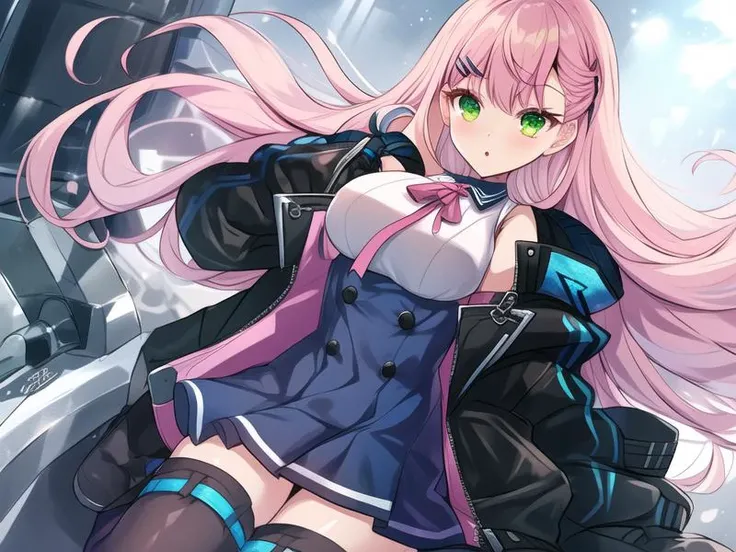 (extreme detailed),(masterpeace),(hyper extreme),best quality,CG,game cg,beautiful lighting,perfect nipples,(colour),1girl,outdoors,  <lora:Memphis:1>Memphis,pink hair,long hair,hairclip,green eyes,black jacket,sleeveless blouse,white shirt,ribbon,blue high waist skirt,thighhighs,shoes,full body,  <lyco:multiarm-4-v1:-0.5> ,<lyco:multileg-v1:-0.5>