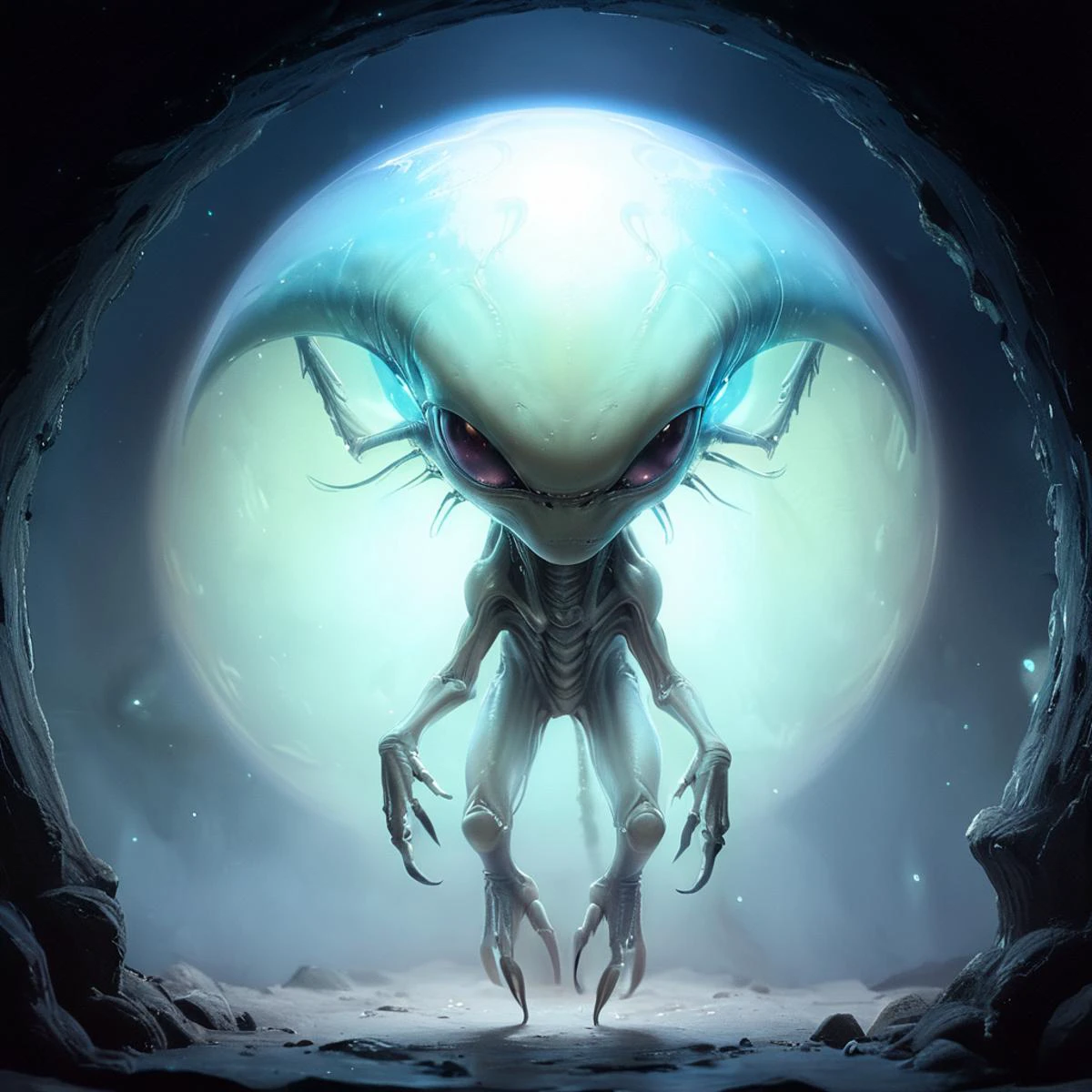 Massive Alien Subterranean Sleek spherical existence, Tripedal Decamanual, Five-Fingered Hands, Forked-Tailed, luminescent skin, . <lora:ArsMJStyle_-_CuteSDXL:1> , <lora:add-detail-xl:1>. <lora:ArsMJStyle-ImpressionismSDXL:1>