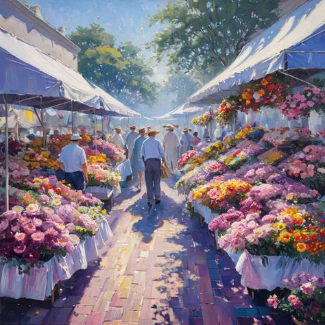 masterpiece, best quality, <lora:add-detail-xl:1>, <lora:ArsMJStylePony_-_Impressionism:1>, ArsMJStyle, impressionism,  A vibrant flower market in full swing, stalls overflowing with colorful blooms. Vendors and customers mingle, their forms suggested by quick brushstrokes. Sunlight filters through awnings, casting a warm glow over the scene and intensifying the riot of colors, creating a sensory feast of sight and implied fragrance.