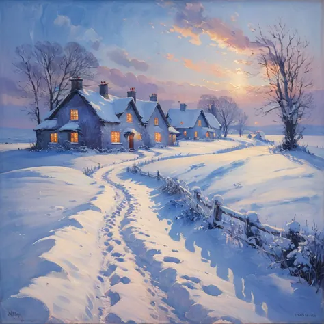 masterpiece, best quality, <lora:add-detail-xl:1>, <lora:ArsMJStylePony_-_Impressionism:1>, ArsMJStyle, impressionism,  A snow-covered village at dusk, with warm light spilling from cottage windows onto the blue-shadowed snow. Smoke rises from chimneys, blending with the darkening sky. A lone figure hurries along a path, leaving a trail of footprints in the fresh snow, capturing a moment of solitary peace.