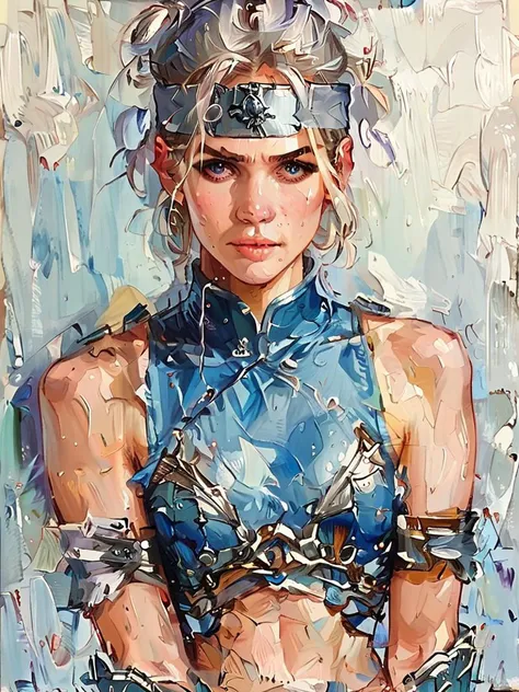Score_9, Score_8_up, Score_7_up, Score_6_up, arsmjstylepony, impressionism, 1girl, grey headband, looking at viewer, sleeveless, blue shirt, vambraces, deep shadow, <lora:ArsMJImpressionism:1>