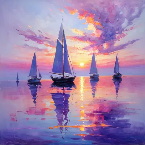 masterpiece, best quality, <lora:add-detail-xl:1>, <lora:ArsMJStylePony_-_Impressionism:1>, ArsMJStyle, impressionism,  A vivid sunset over a calm sea, with sailboats silhouetted against the fiery sky. The water mirrors the brilliant oranges, pinks, and purples of the fading light, broken only by gentle ripples. The scene captures the fleeting beauty of the day's end.