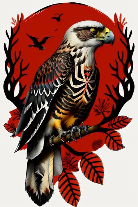 ukrtattoo, falcon sitting on branch, vyshyvanka pattern <lora:ukrtattoo:1>