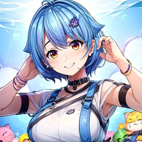 <lora:mana:0.85>, virtual youtuber, blue hair, short hair, orange eyes, 1girl, solo, 
breasts,, 
, , ,jewelry, cat,, holding phone,,smartphone, planet,, , smile,, , Joyful,, <lora:add_detail:0.8>, <lora:MermerovDiffusion:0.75>,  Mermer