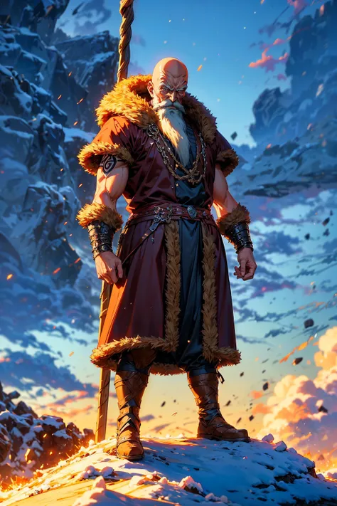 (best quality, high quality, anime masterpiece:1.3), muten roushi wearing a (viking outfit:1.3), detailed outfit, bald, long beard, viking tattoos, detailed background, aura  <lora:add_detail:0.7> <lora:roshi_v0_4_dadap:0.8>