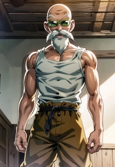 <lora:roshi_v0_4_dadap:1.0>, muten roushi, old man, black eyes,bald, facial hair, beard, mustache, white hair, white tank top, naked legs , erection, penis, brown sash, green sandals, sunglasses, yellow-framed eyewear, blue-tinted eyewear, looking at viewer, dslr, soft lighting, high quality, masterpiece, 8k, top quality, best quality, official art, detailed, cowboy shot, intricate details, highly detailed, happy, anime, <lora:GoodHands-vanilla:0.8>, dragon ball style, akira toryama, angry, depth of field, focus on character
