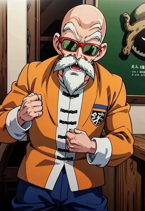 <lora:roshi_v0_4_dadap:1.0>, muten roushi, old man, black eyes,bald, facial hair, beard, mustache, white hair, chinese clothes, orange jacket, blue pants, sunglasses, red-framed eyewear, green-tinted eyewear, looking at viewer, dslr, soft lighting, high quality, masterpiece, 8k, top quality, best quality, official art, detailed, cowboy shot, intricate details, highly detailed, happy, anime, <lora:GoodHands-vanilla:0.8>, dragon ball style, akira toryama, angry, depth of field, focus on character