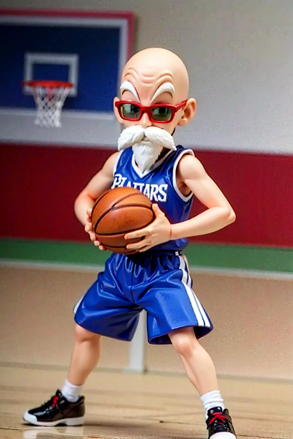 best quality, masterpiece, muten roushi, facial hair, 1boy, male focus, solo, bald, (beard), sunglasses, white hair, basketball uniform, ( basketball jersey), (blue sport shorts) , mustache, full body, red-framed eyewear, basketball court, black sneakers, green-tinted eyewear, AS-YoungestV2,dynamic pose,AS-YoungerV2
