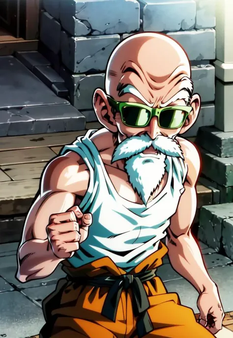 <lora:roshi_v0_4_dadap:1.0>, muten roushi, old man, black eyes,bald, facial hair, beard, mustache, white hair, white tank top, light brown pants, brown sash, green sandals, sunglasses, yellow-framed eyewear, blue-tinted eyewear, looking at viewer, dslr, soft lighting, high quality, masterpiece, 8k, top quality, best quality, official art, detailed, cowboy shot, intricate details, highly detailed, happy, anime, <lora:GoodHands-vanilla:0.8>, dragon ball style, akira toryama, angry, depth of field, focus on character
