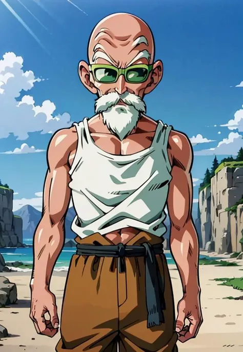 <lora:roshi_v0_4_dadap:1.0>, muten roushi, old man, black eyes,bald, facial hair, beard, mustache, white hair, white tank top, light brown pants, brown sash, green sandals, sunglasses, yellow-framed eyewear, blue-tinted eyewear, looking at viewer, dslr, soft lighting, high quality, masterpiece, 8k, top quality, best quality, official art, detailed, cowboy shot, intricate details, highly detailed, happy, anime, <lora:GoodHands-vanilla:0.8>, dragon ball style, akira toryama, angry, depth of field, focus on character