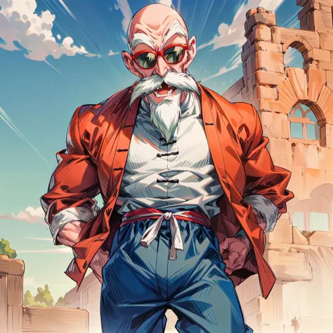 highres, <lora:Style-add_detail:1>,High quality,(Beautiful), ((masterpiece)),vibrant colors,muten roushi, old man, black eyes,bald, facial hair, beard, mustache, white hair, chinese clothes,muscular male orange jacket, blue pants, sunglasses, red-framed eyewear, green-tinted eyewear <lora:roshi_v0_4_dadap:1>