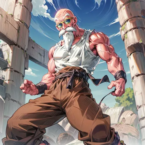 highres, <lora:Style-add_detail:1>,High quality,(Beautiful), ((masterpiece)),vibrant colors,muten roushi, old man, muscular male, black eyes,bald, facial hair, beard, mustache, white hair, white tank top, light brown pants, brown sash, green sandals, sunglasses, yellow-framed eyewear, blue-tinted eyewear<lora:roshi_v0_4_dadap:1>