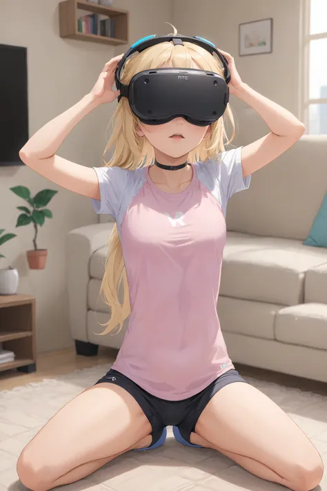 anime, pastel colors, girl stretching, wearing (vr goggle:1.5), HTC Vive, blonde hair, casual clothes, sweat, living room