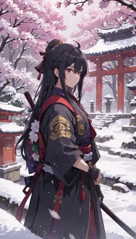 anime artwork Ronin Cliffrider, in front of japenese shrine in a snow storm, cherry blossoms, . anime style, key visual, vibrant, studio anime, highly detailed