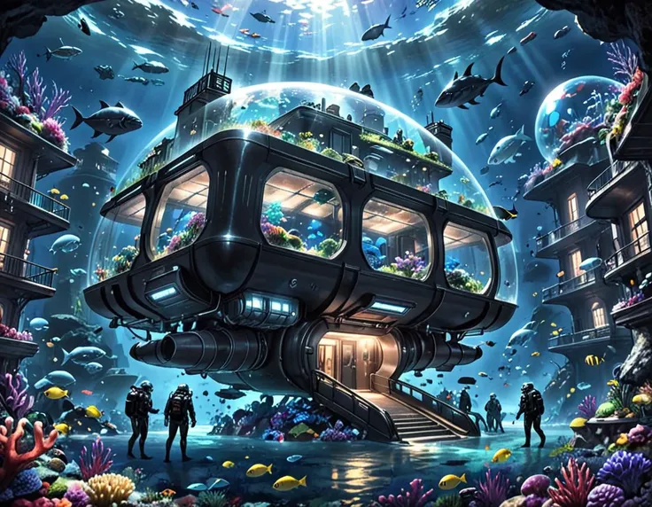 A vibrant photo of an underwater city built on the ocean floor. Glowing architectural marvels made of bioluminescent materials illuminate the environment. Transparent domes house lush gardens and diverse marine life swims alongside sleek underwater vehicles. People in specialized diving suits move through the city, interacting with holographic displays and futuristic technology. photo realistic, high quality, hdr