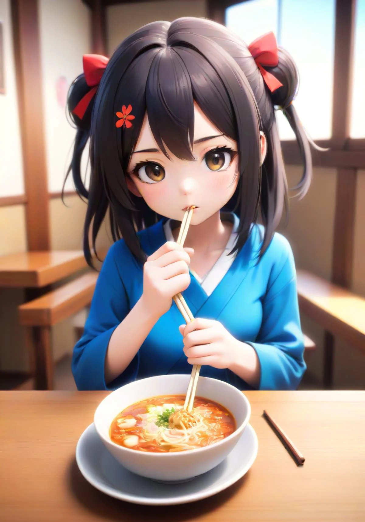 unity 3DCG toonrendering animation, 1girl eat 麺, she have 1 chopstick