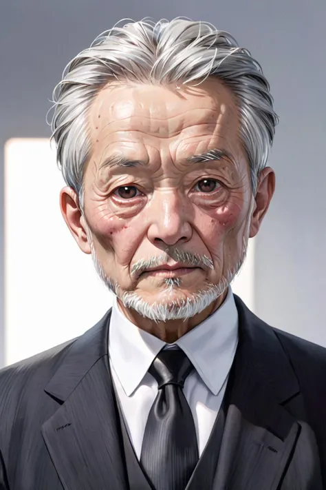 Realistic,Chinese old man portrait,upper body,short black hair,black eyes,indoors,white background,wearing a black suit,cool white lighting,looking at viewer,pale white beard,weathered facial wrinkles