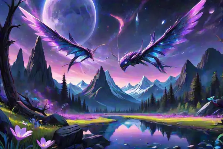 Illustration of a mesmerizing landscape on the planet Astromoai, with towering mountains covered in glittering purple crystals reflecting the bright blue light of the twin moons, while bioluminescent flora illuminates the dark, mysterious forests below, and in the distance, a majestic alien creature with iridescent wings soars through the colorful sky