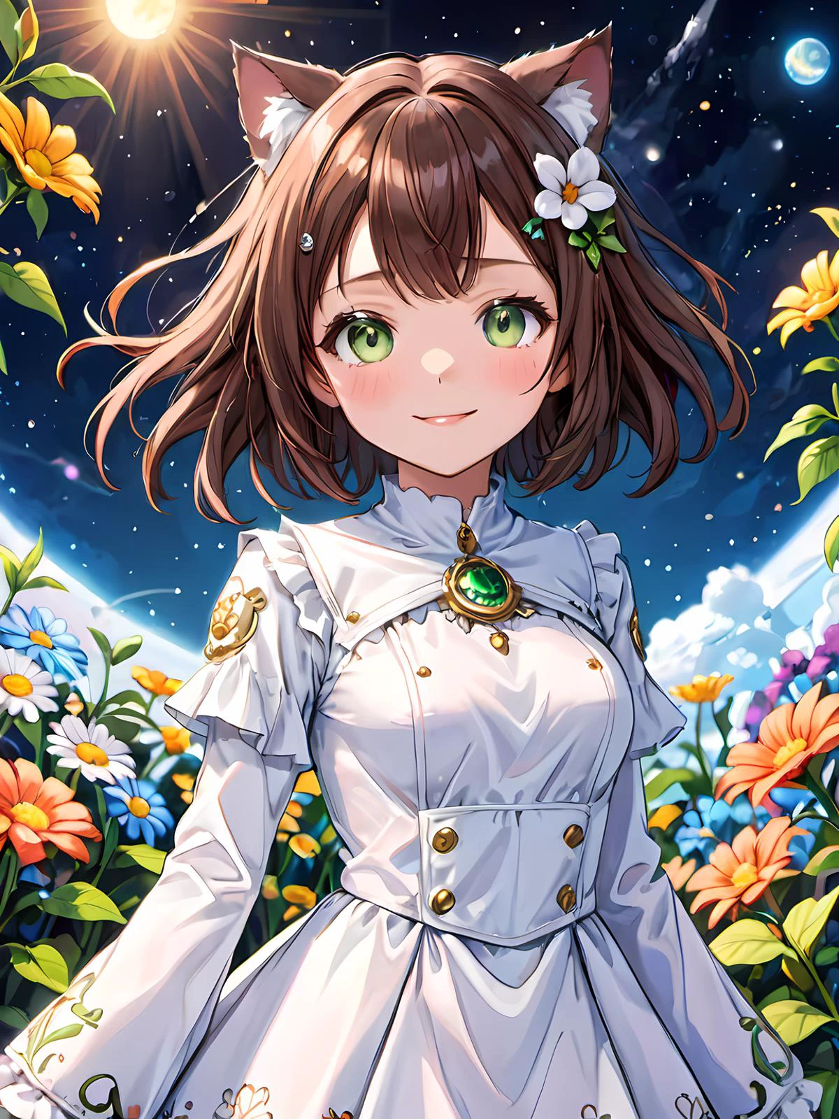 1 KAWAII cat girl. space port, flower garden, Bluesky, smile. gothic style white costume.
brown hair,
Medium hair,
green eyes,
best quality. ultra detailed. <lora:XDetail_heavy:1>