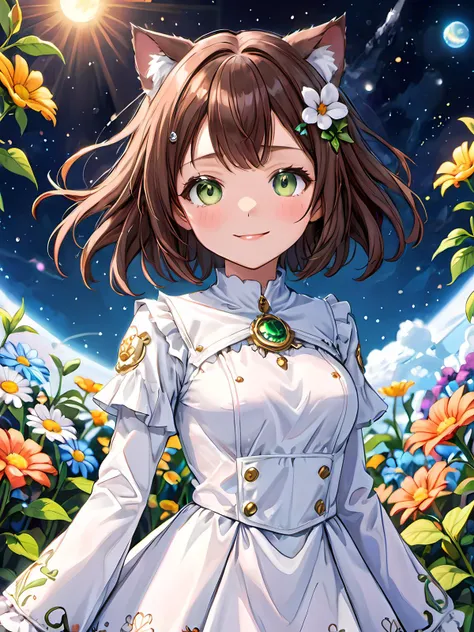 1 KAWAII cat girl. space port, flower garden, Bluesky,  smile. gothic style white costume.
brown hair, 
Medium hair, 
green eyes, 
best quality. ultra detailed. <lora:XDetail_heavy:1>