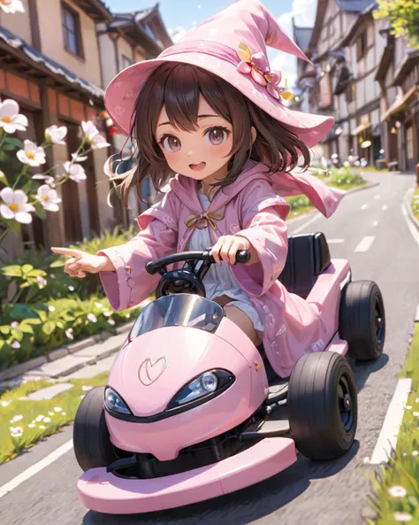 anime,cute girl driving gocart,high speed,motion blur,wizard hat,robe,happy,bloom,ambient occlusion,bokeh,transparent,translucent