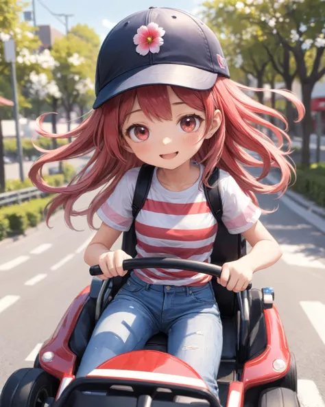 anime, cute girl driving gocart, high speed, motion blur, black leather baseball hat, red and white striped tshirt, blue jeans, happy, bloom, ambient occlusion, bokeh, transparent, translucent