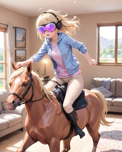 anime,pastel colors,girl riding horse,wearing vr goggle,HTC Vive,blonde hair,casual clothes,sweat,living room,Bokeh,motion line,motion blur,high speed