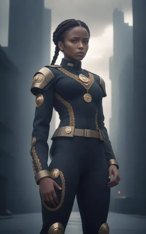 (style of Annie Leibovitz),(intense dramatic lighting),((dark-skinned woman in sci-fi military-style uniform standing in front of mechatank)),sharp angles,embellished with intricate gold braiding and medals,commanding posture,(dystopian cityscape in the background),ominous clouds,deep shadows,sense of urgency and power,