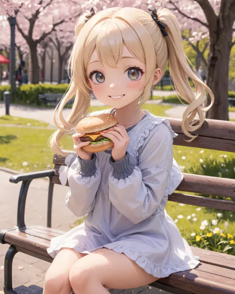 anime, cute girl eating a cheeseburger, seated at a park bench, motion blur, blonde twintail hair, big grey eyes, smiling, bloom, ambient occlusion, bokeh, transparent, translucent