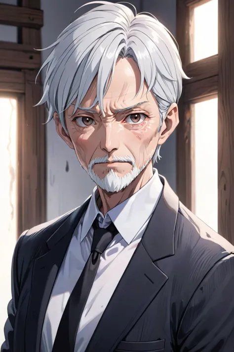 anime artwork Chinese old man portrait,upper body,short black hair,black eyes,indoors,white background,wearing a black suit,cool white lighting,looking at viewer,pale white beard,weathered facial wrinkles . anime style, key visual, vibrant, studio anime, highly detailed