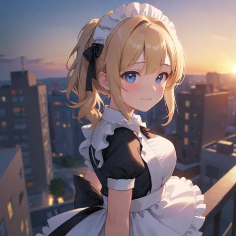 beautiful pretty cute small face,1girl,kind_smile,shiny_skin,perfect body,blonde hair,little smile,blue eyes,Side ponytail,hair ornament,maid headdress,Swept bangs,housemaid,blouse,maid apron,shiny skin,voluptuous body,10 heads tall,(depth of field:1.3),Masterpiece,Best Quality,absurdres,newest,against backlight at dusk,On the roof of a luxury apartment building,from_side,cinematic_angle,