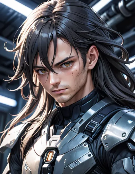 sci-fi,closeup portrait photo of man in combat clothes,face,long hair,slim body,high quality,film grain