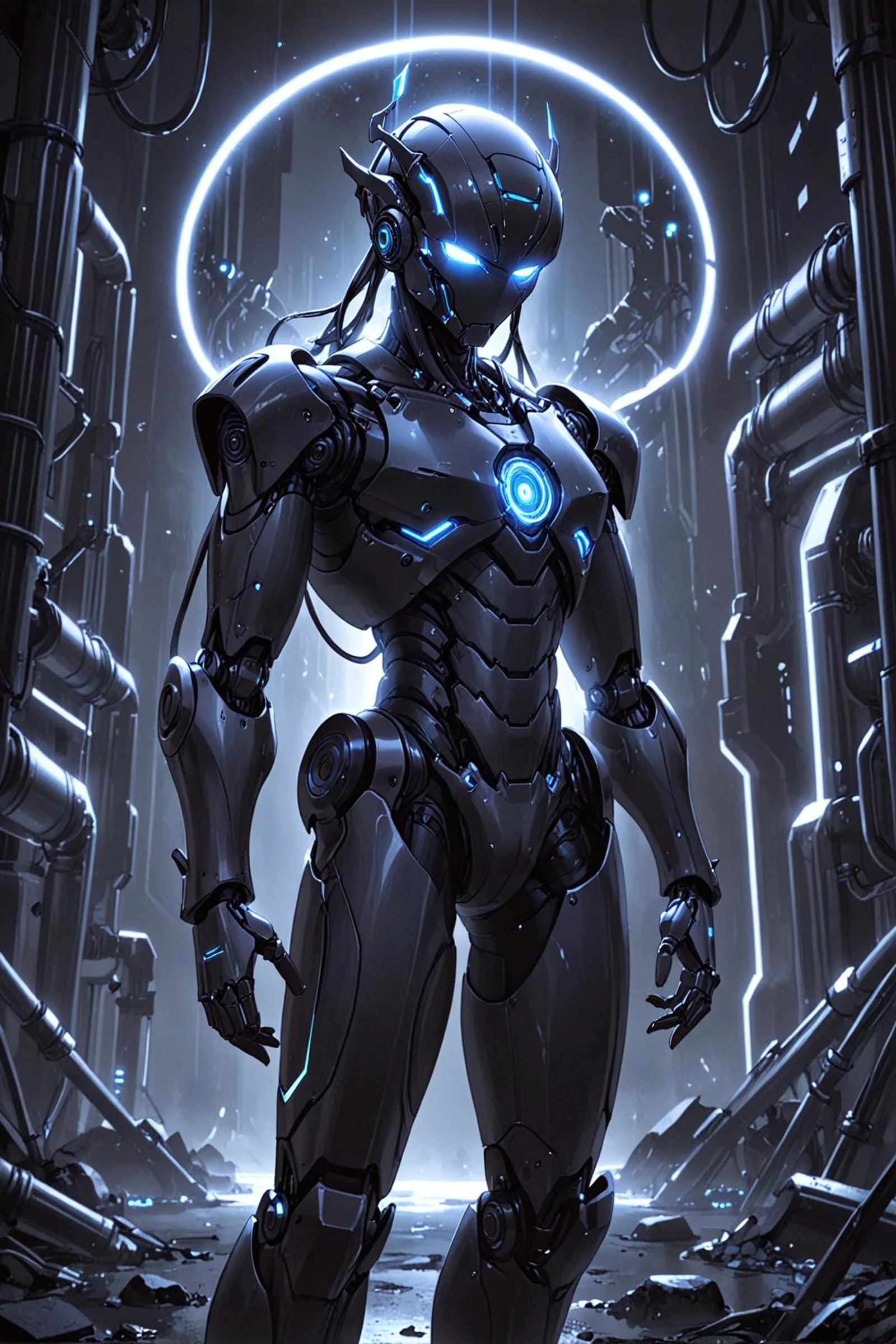 twin stick shooter video game style, top down, 360 degree shooting, neon colors the image features a futuristic, humanoid figure with advanced technology integrated into its body. the main character appears to be a highly advanced robot or cyborg, with a sleek and streamlined design that suggests advanced engineering and capabilities. the character's head is dominated by a large, transparent helmet that houses a high tech interface for communication or sensory input. this may indicate the character's ability to process vast amounts of information or interact seamlessly with various technologies. the background of the image showcases an intricate, multi layered pattern resembling a network of pipes, circuits, or other advanced systems. this could represent the intricate inner workings of the character's robotic or technological components, symbolizing the complex nature of the technology in the scene. the dark color scheme further accentuates the futuristic and advanced theme of the image. overall, the style of the image is highly imaginative and futuristic, emphasizing advanced technology and robotics.,the image presents a futuristic robot standing prominently in the foreground. the robot is adorned with a sleek, metallic exoskeleton that features a combination of white and blue accents. a large, transparent visor forms part of its head, housing what appears to be an advanced ai system. on its chest, a blue energy core is visible, adding to the robotic aesthetic. the background is shrouded in darkness, creating a contrast that accentuates the robot's presence. it seems like a desolate landscape, possibly a barren planet or a post apocalyptic environment. floating structures and glowing lines can be seen against this backdrop, further emphasizing the science fiction setting. the overall composition suggests a scene from a dystopian future where advanced technology has evolved beyond human control, leading to a world inhabited by robots and ai systems.